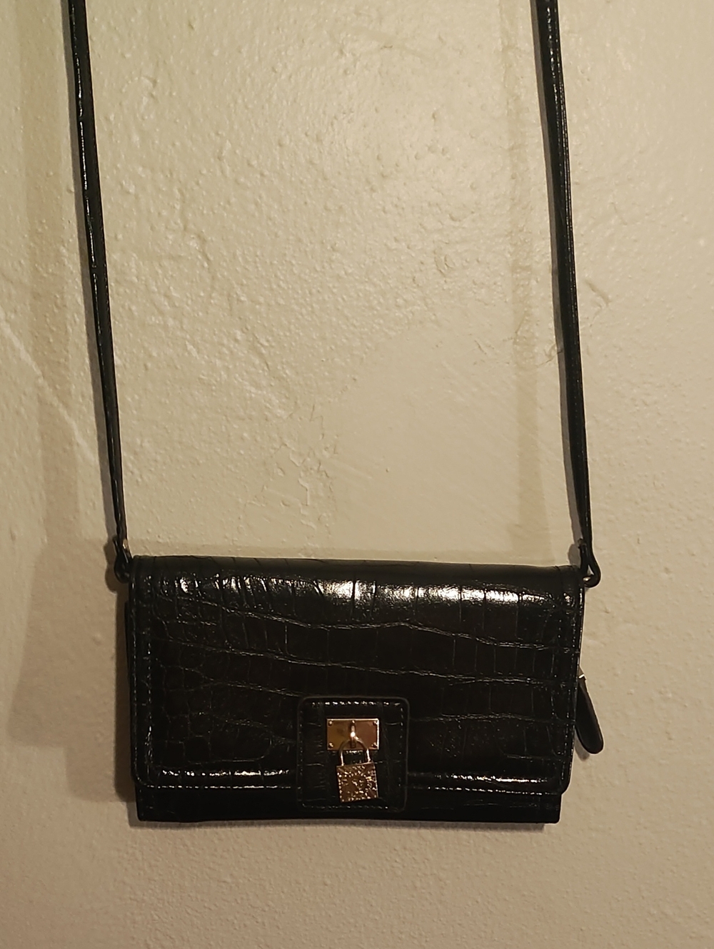 Anne Klein Black Croc-Embossed Crossbody with Gold Hardware
